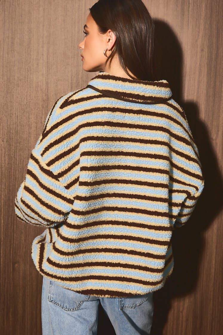 Striped Collared Button Oversized Fleece Pullover