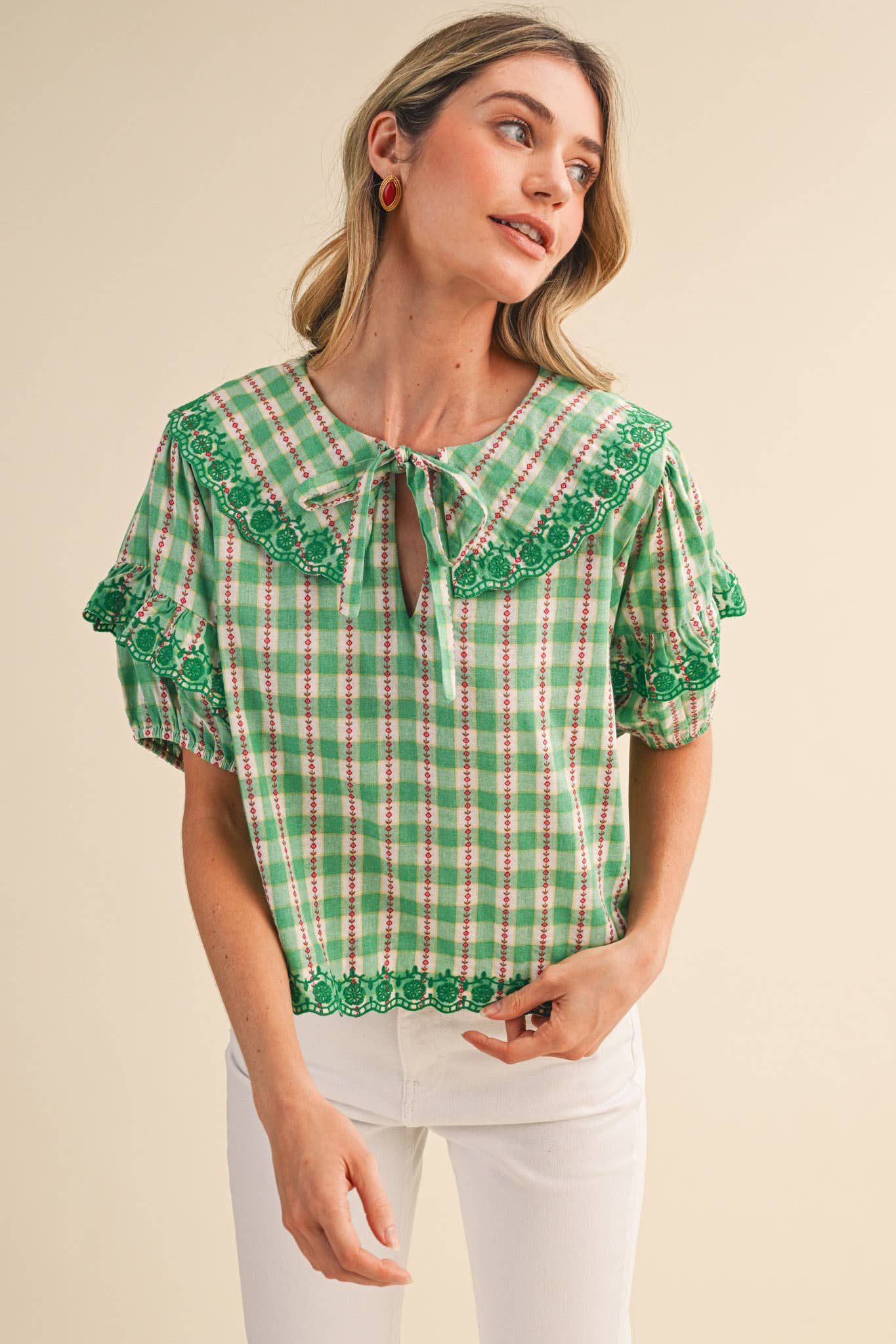FLORAL GINGHAM EMBROIDERED DOLL COLLAR TOP MTP4602: YELLOW GINGHAM / S