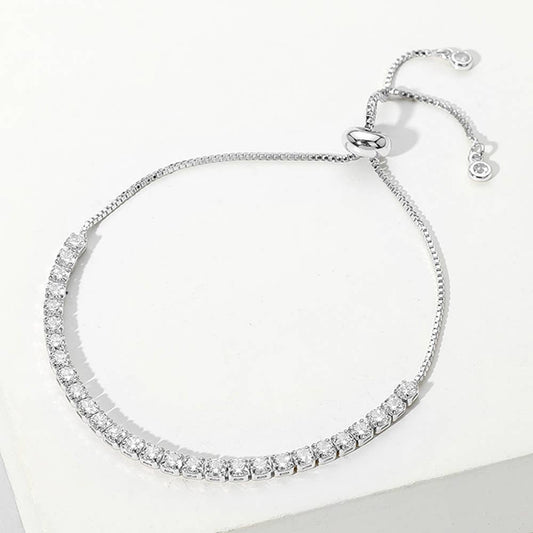 Stainless Steel Round CZ Tennis Pull Tie Adjustable Bracelet