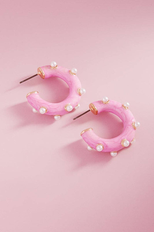 Round Pearlized Color Enamel Pearls Hoop Earrings: PK / ONE