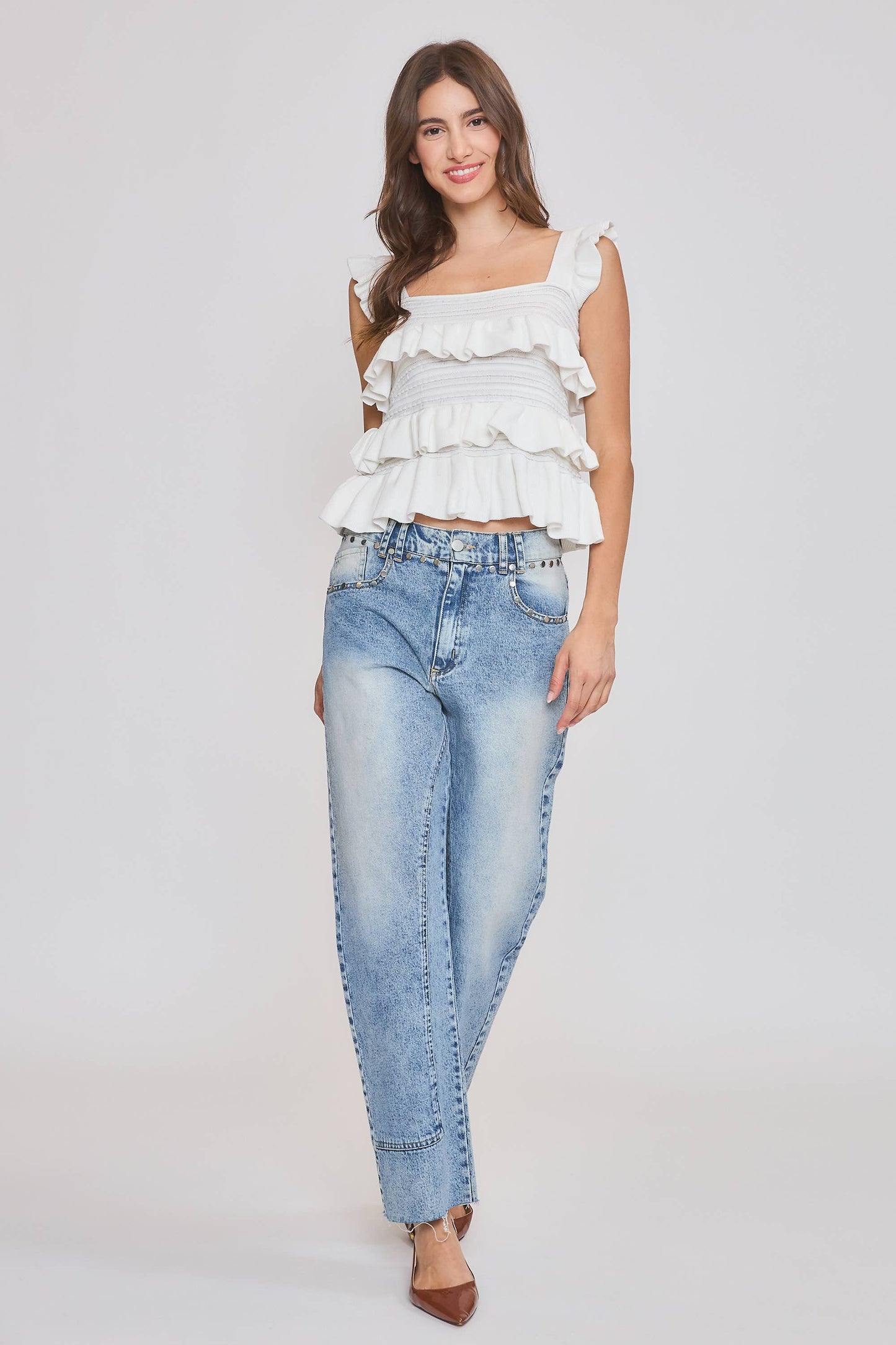 CW10030E Red Ruffled Knit Sleeveless Top: TOMATO RED / S-M-L (3-2-1)