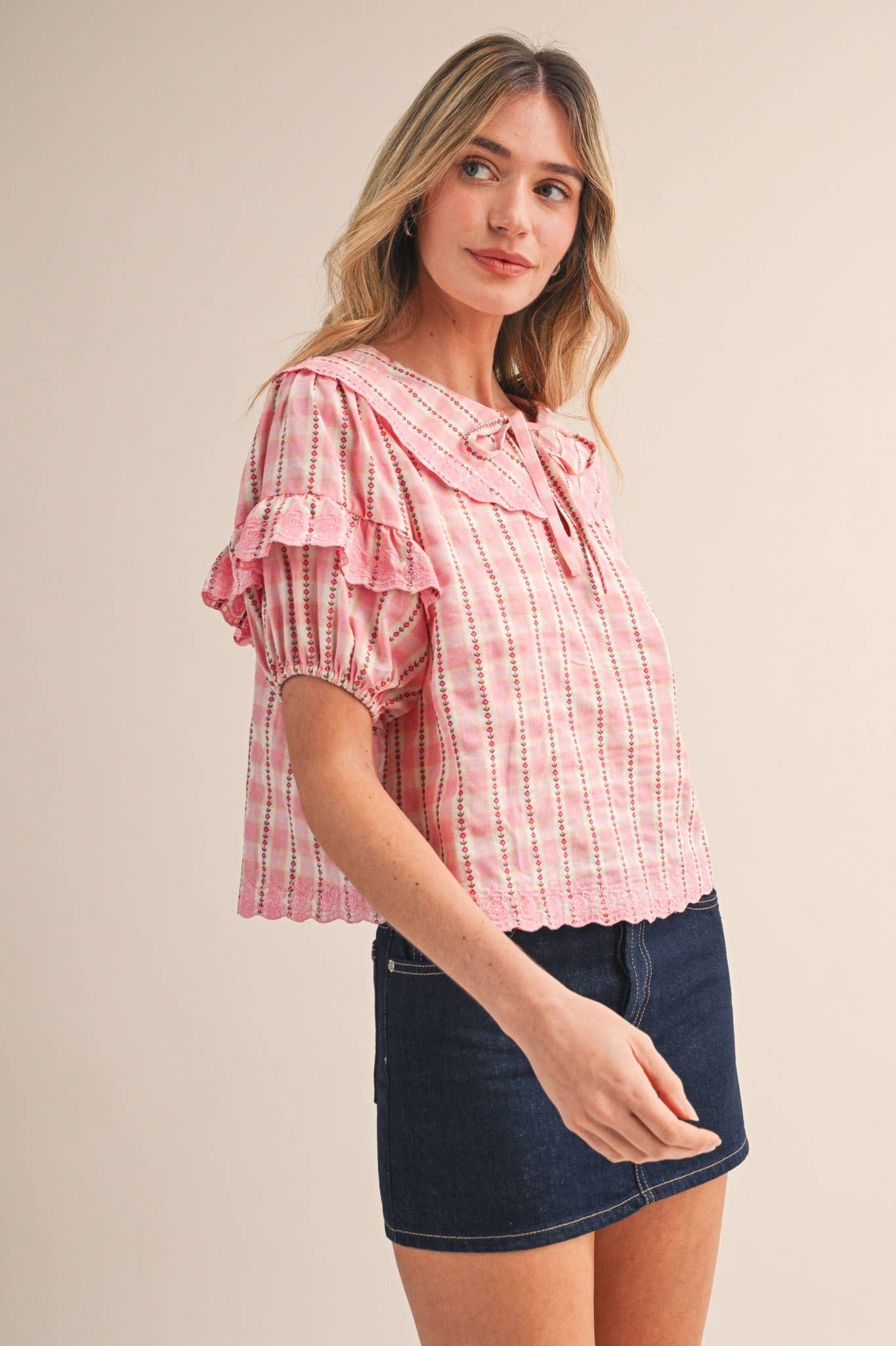 FLORAL GINGHAM EMBROIDERED DOLL COLLAR TOP MTP4602: YELLOW GINGHAM / S