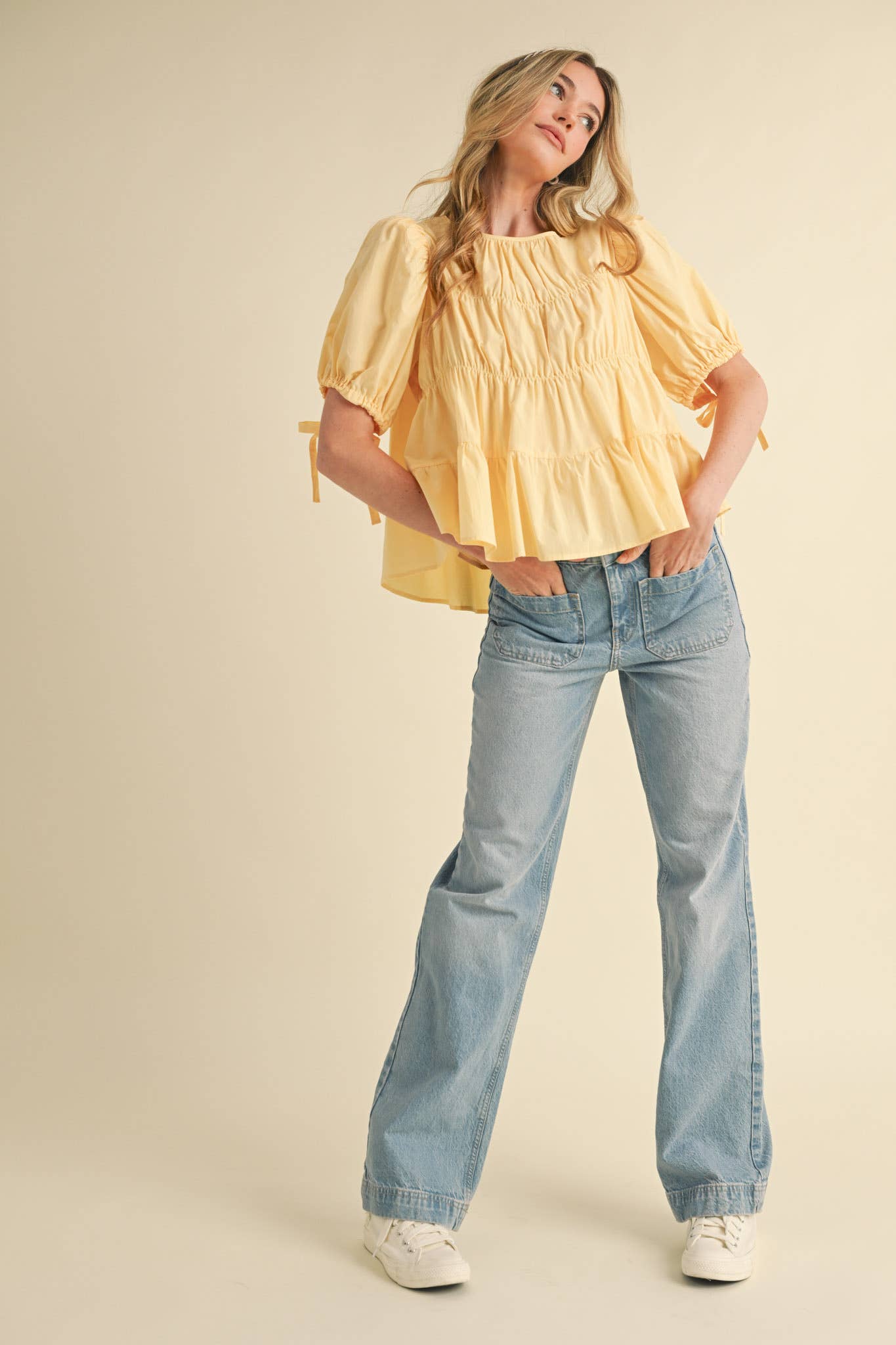 TIERED SHIRRING PUFF SLEEVE TOP MTP3081: PEACH FUZZ / S
