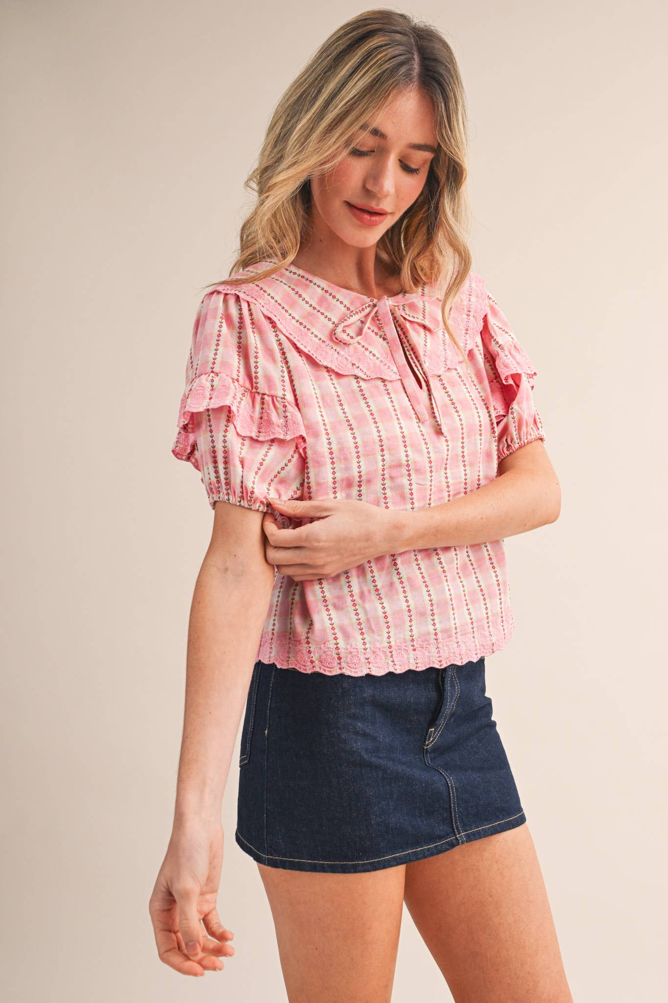 FLORAL GINGHAM EMBROIDERED DOLL COLLAR TOP MTP4602: YELLOW GINGHAM / S