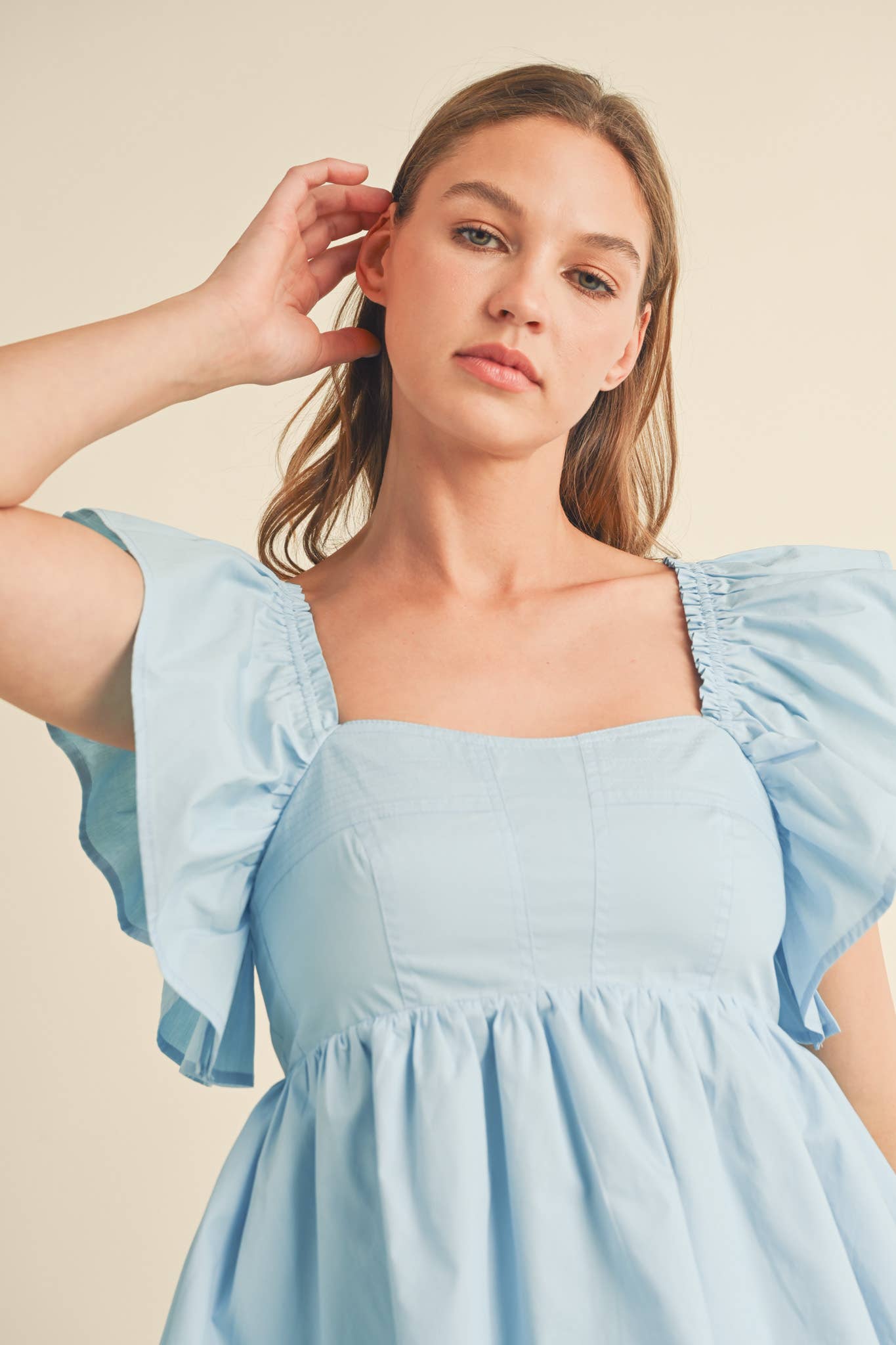 RUFFLED FLUTTER SLEEVE BABYDOLL TOP MTP2971: Baby Blue / S