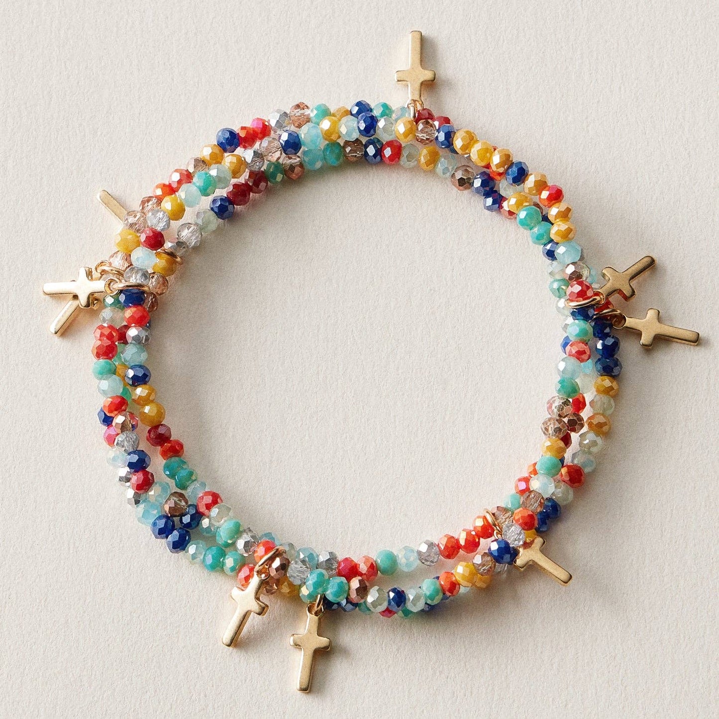 Gold Cross Charm Crystal Stretch Bracelet Stack Set: CHAMP / ONE
