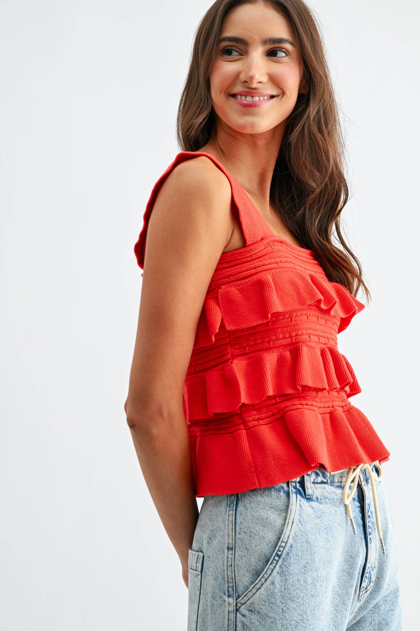 CW10030E Red Ruffled Knit Sleeveless Top: TOMATO RED / S-M-L (3-2-1)