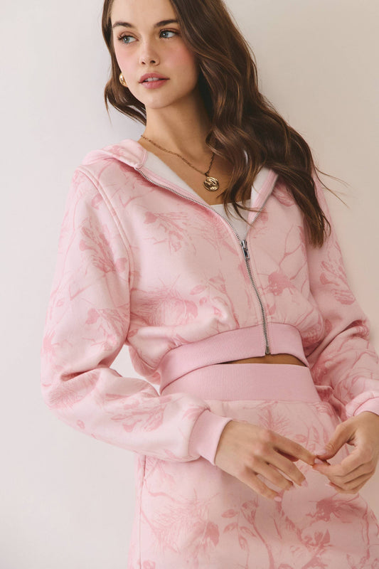 Camo Print Cropped Zip Up Hoodi