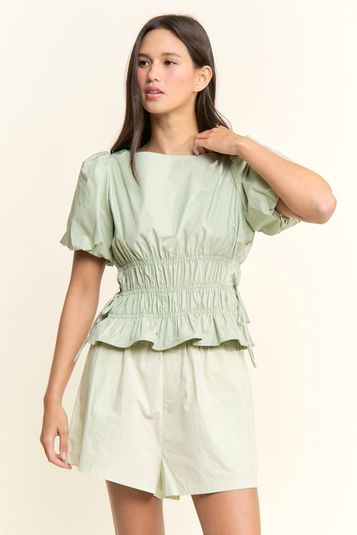 Boat Neckline Smocked Puff Sleeves Top
