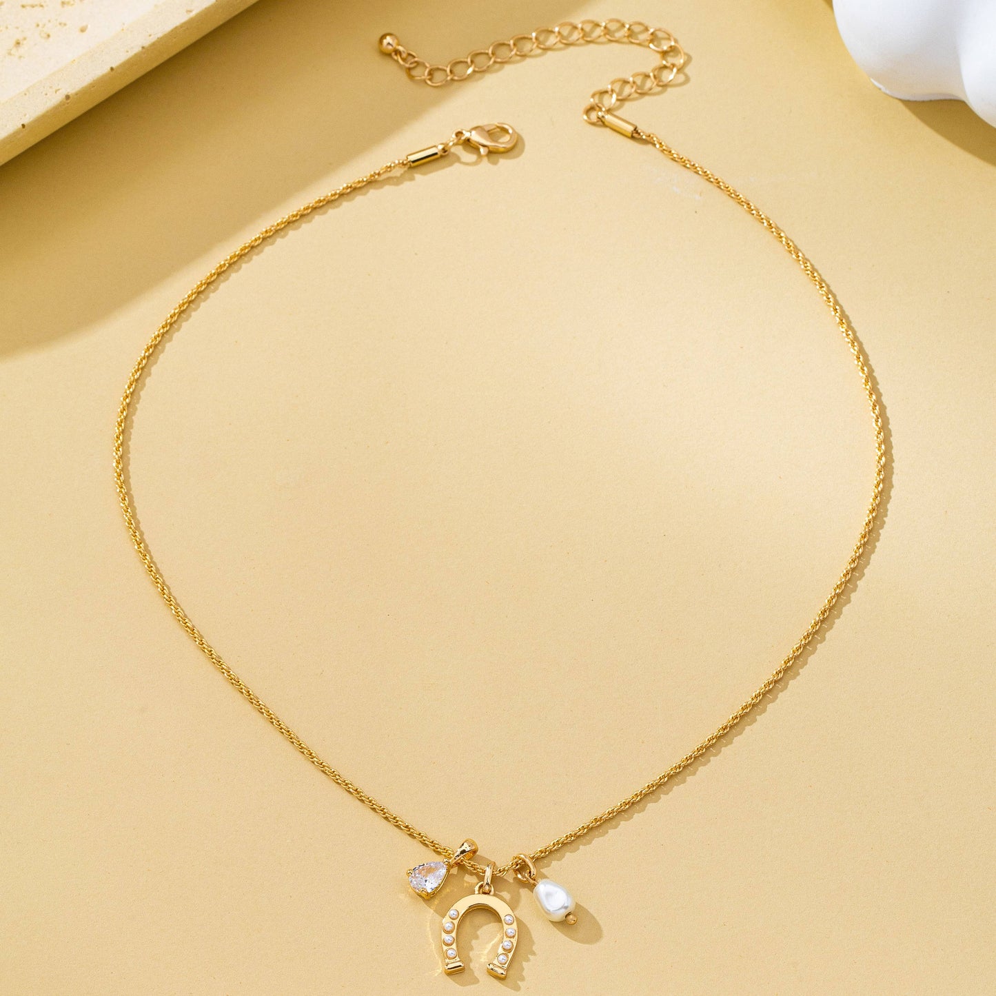Pave Horseshoe & Pearl Drop Charm Necklace
