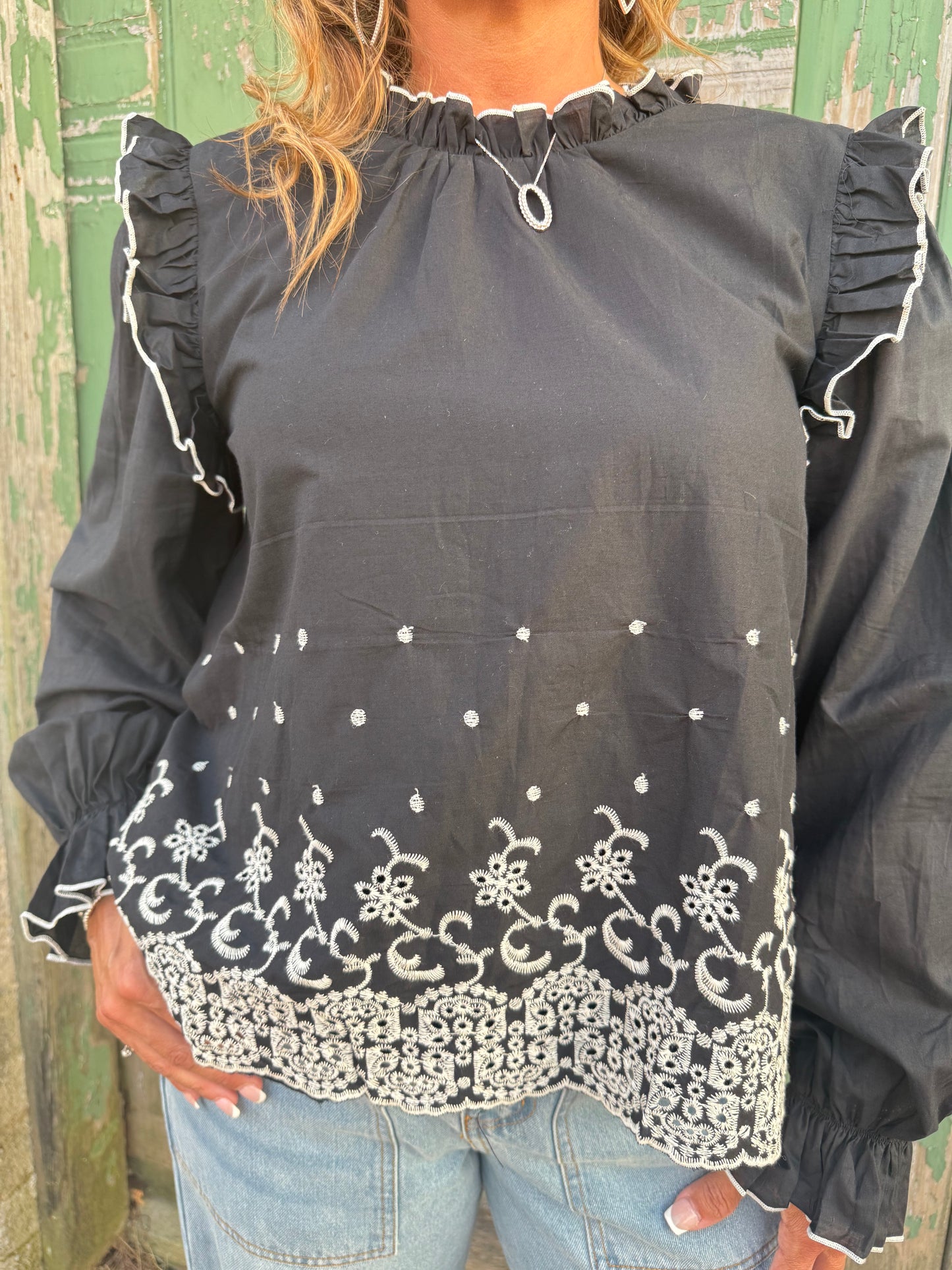 Embroidered Eyelet Ruffled Long Sleeve Blouse