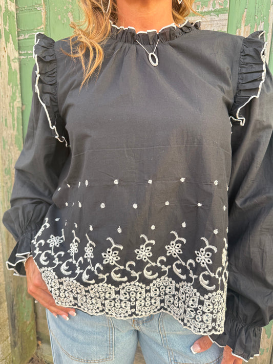Embroidered Eyelet Ruffled Long Sleeve Blouse