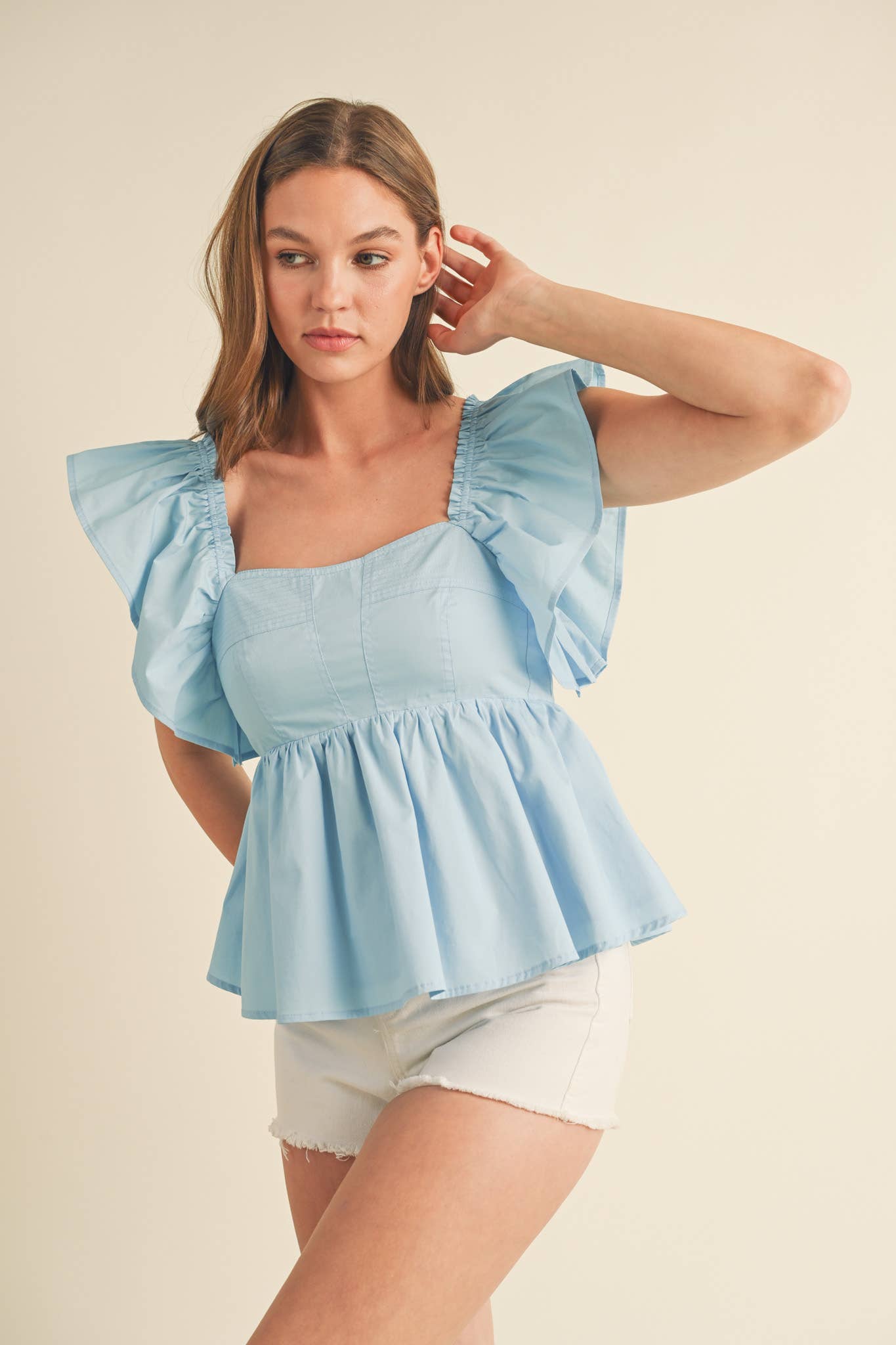 RUFFLED FLUTTER SLEEVE BABYDOLL TOP MTP2971: Baby Blue / S