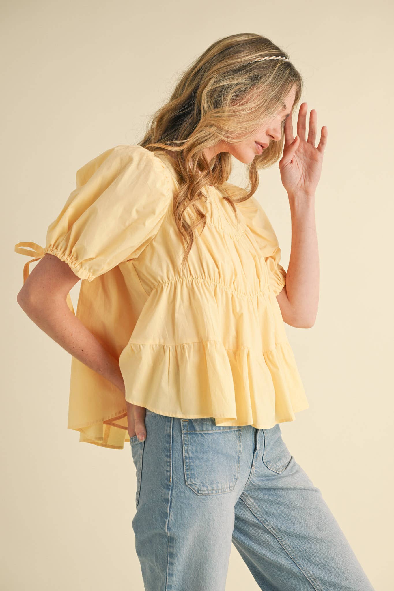 TIERED SHIRRING PUFF SLEEVE TOP MTP3081: PEACH FUZZ / S