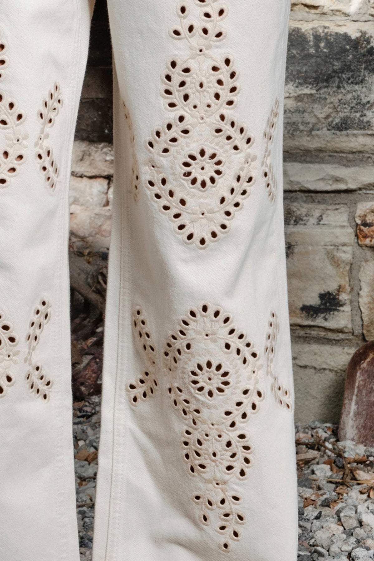 Flower Embroidered Wide Leg Denim