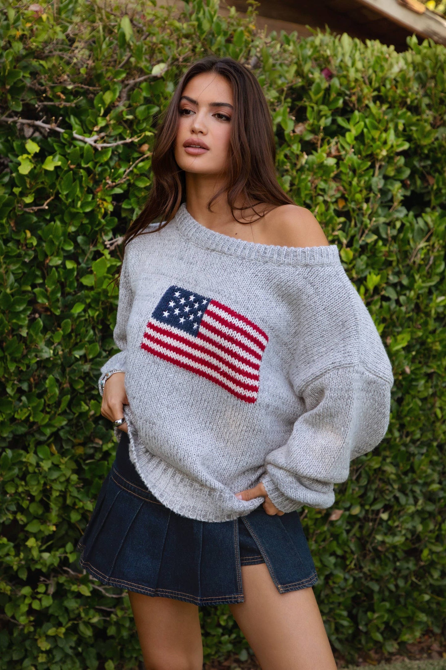 BRANDI American Flag Knit Off The Shoulder Lounge Sweater: Cream / 3 SMALL 2 MEDIUM 1 LARGE