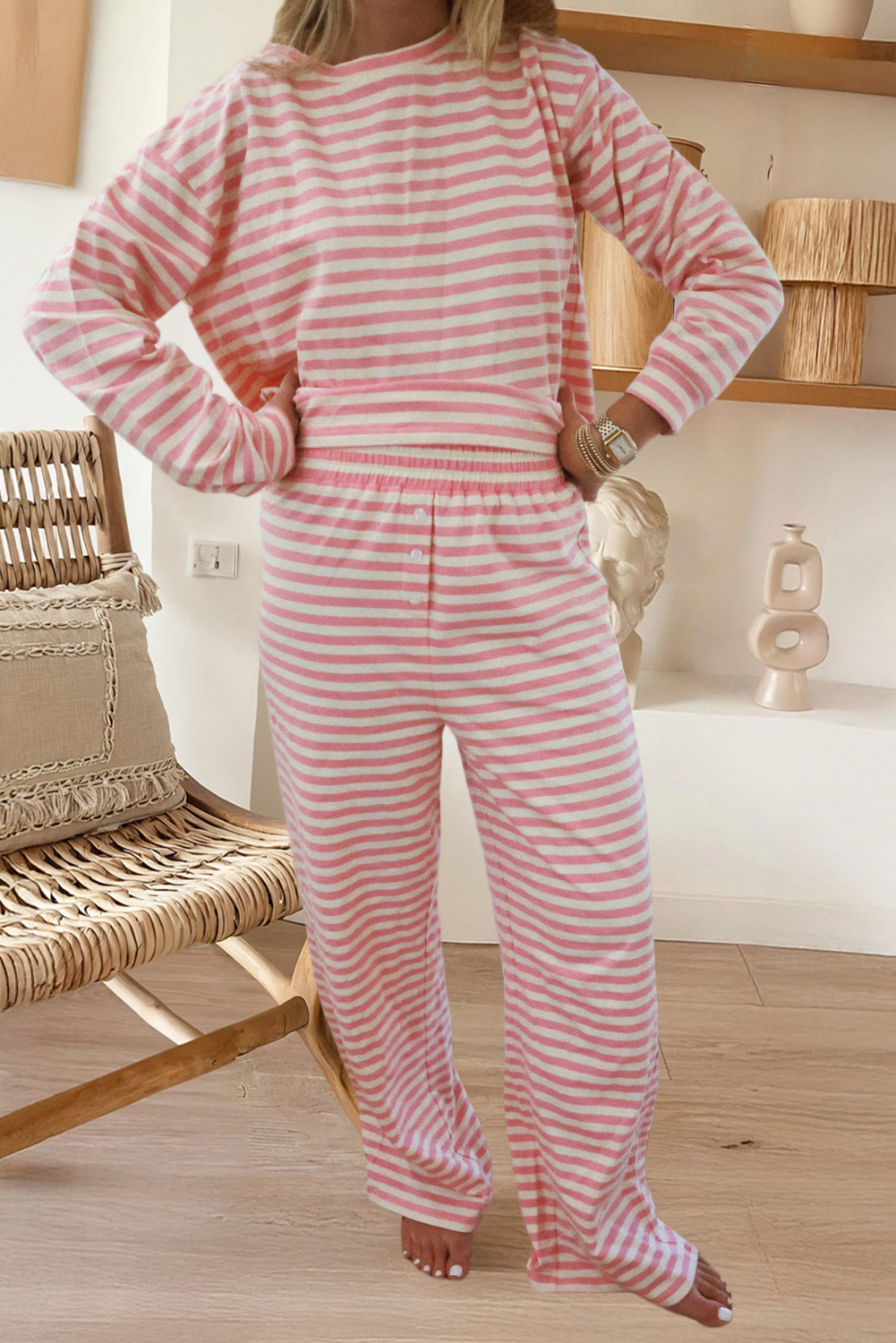 Top and Buttoned Straight Pants Lounge Set