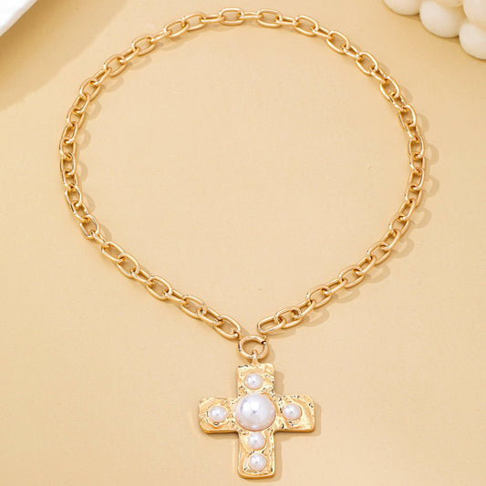 Hammered Cross Pearl Necklace