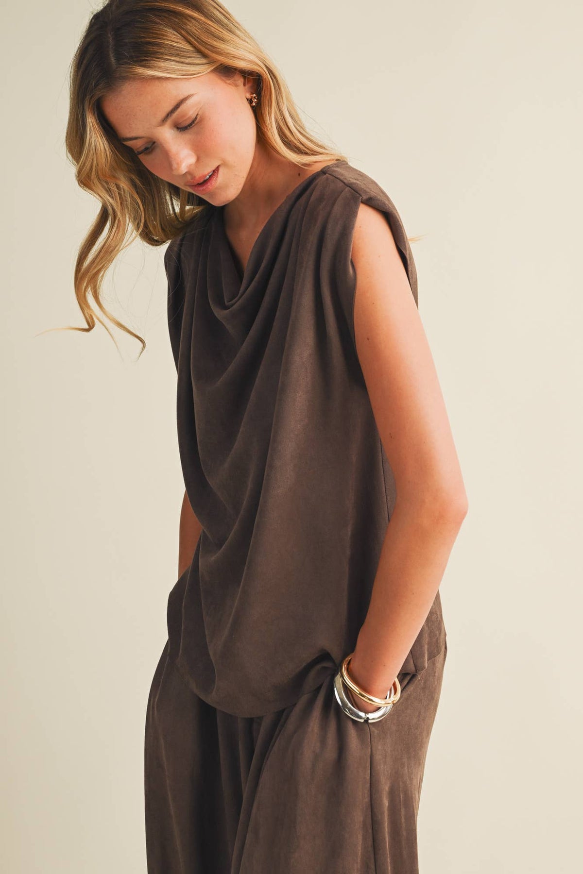 Sueded Knit Cowl Neck Cap-Sleeve Top