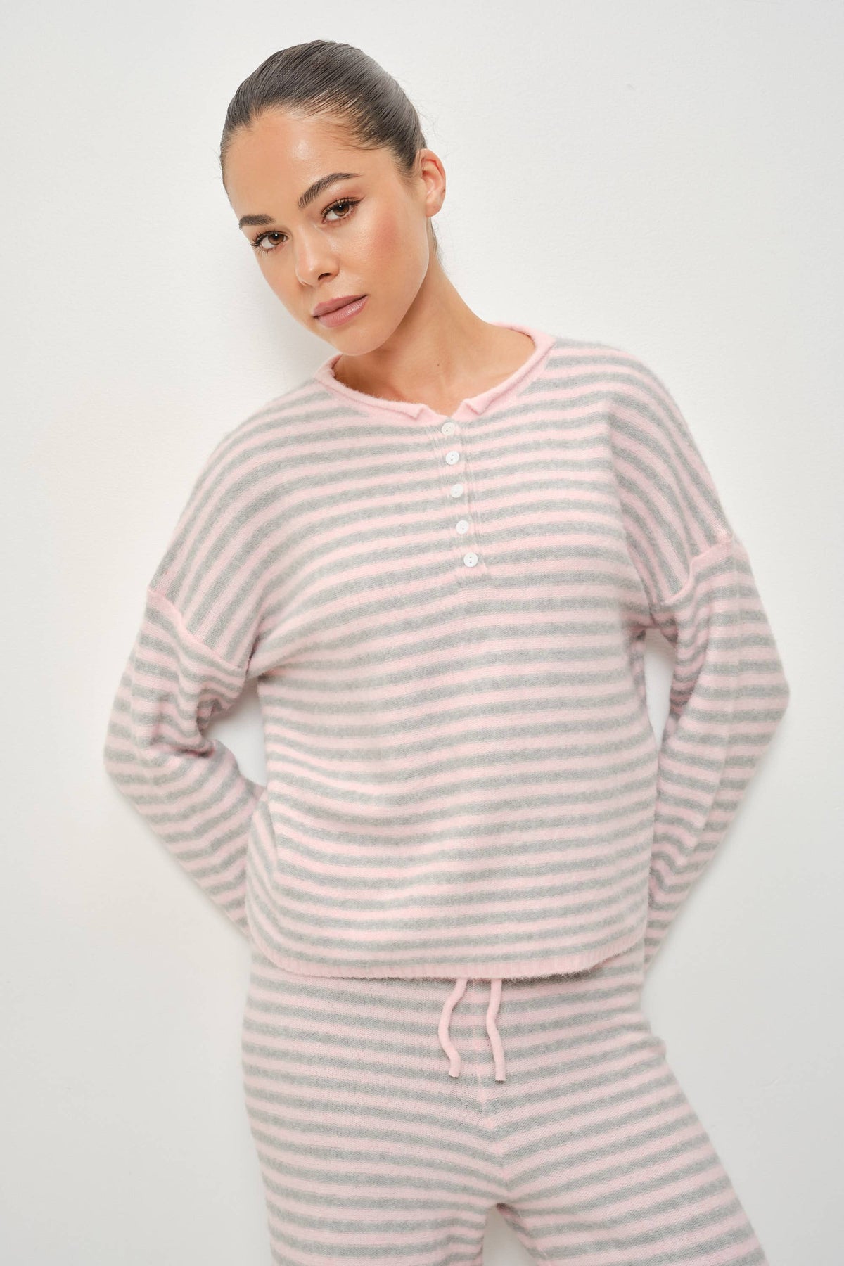 ELLA STRIPED HENLEY KNIT TOP