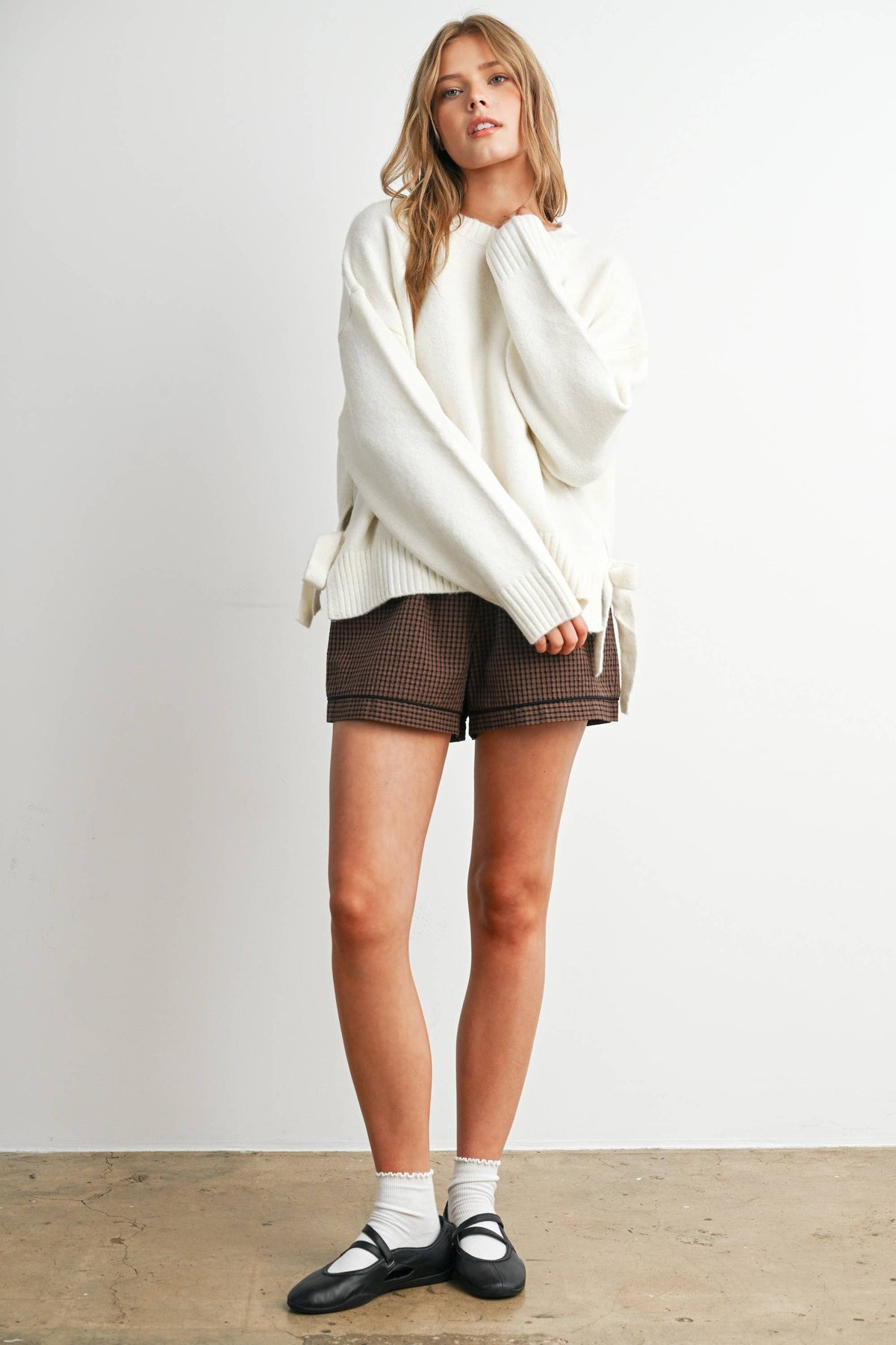 Tie Split-Hem Crewneck Long Sleeve Top