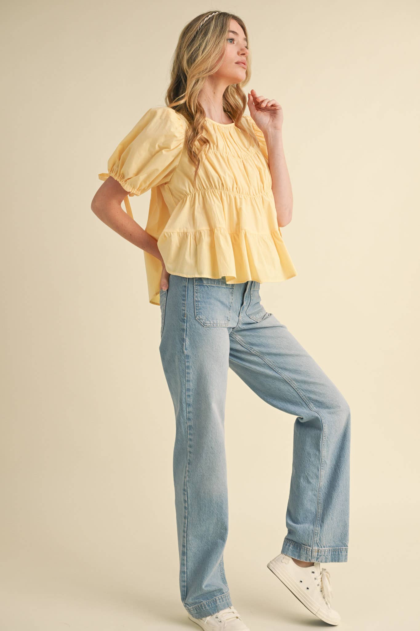TIERED SHIRRING PUFF SLEEVE TOP MTP3081: PEACH FUZZ / S