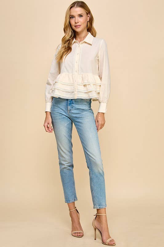 Button Up Long Sleeve Peplum Waist Top