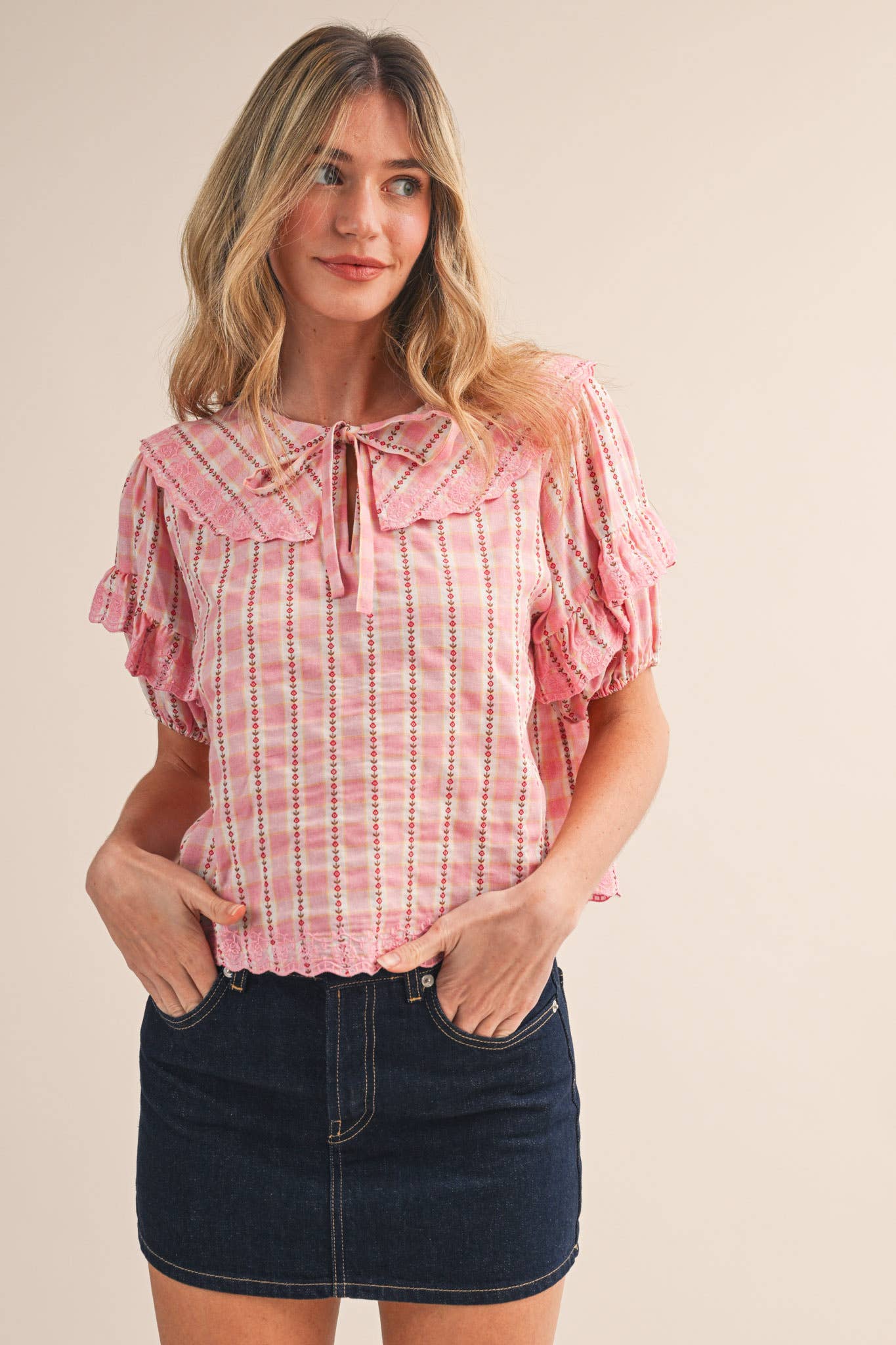 FLORAL GINGHAM EMBROIDERED DOLL COLLAR TOP MTP4602: YELLOW GINGHAM / S