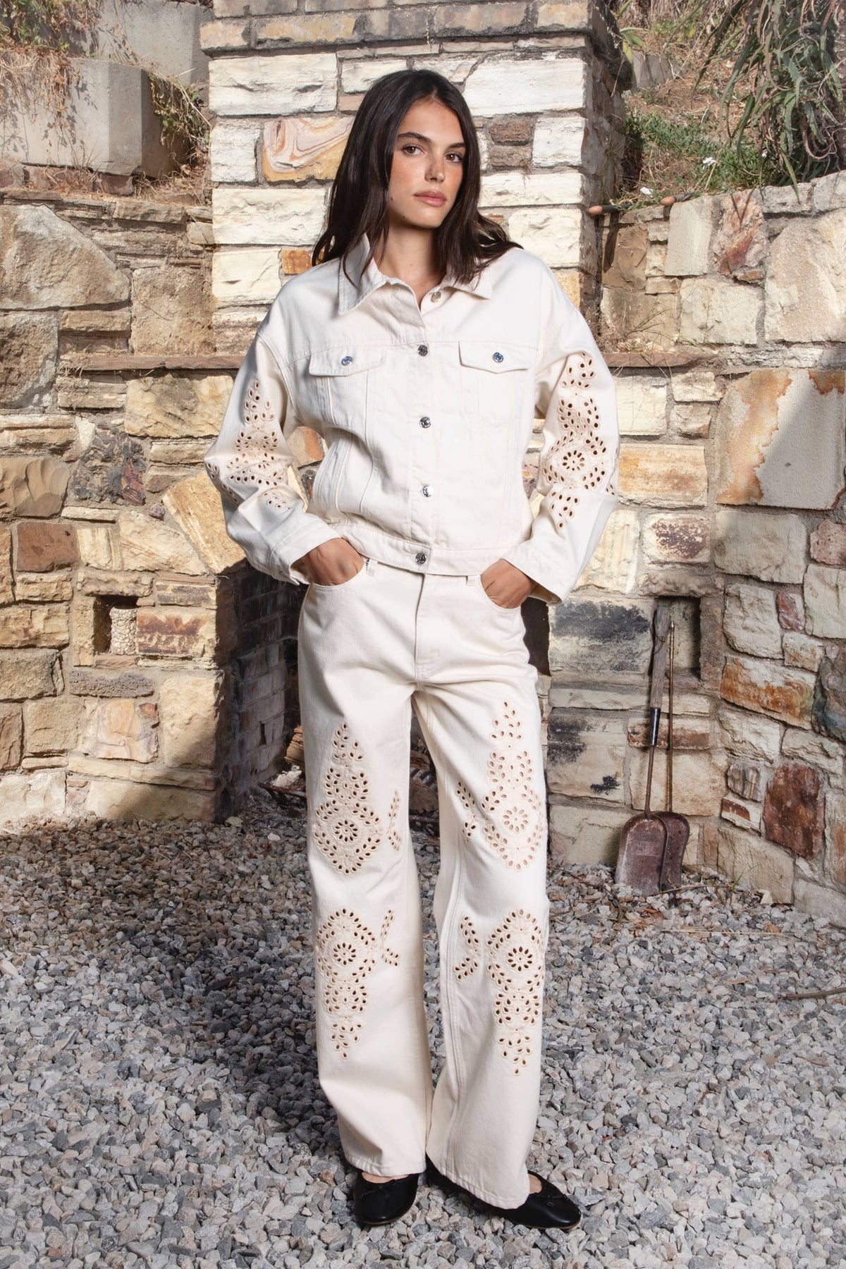 Flower Embroidered Wide Leg Denim
