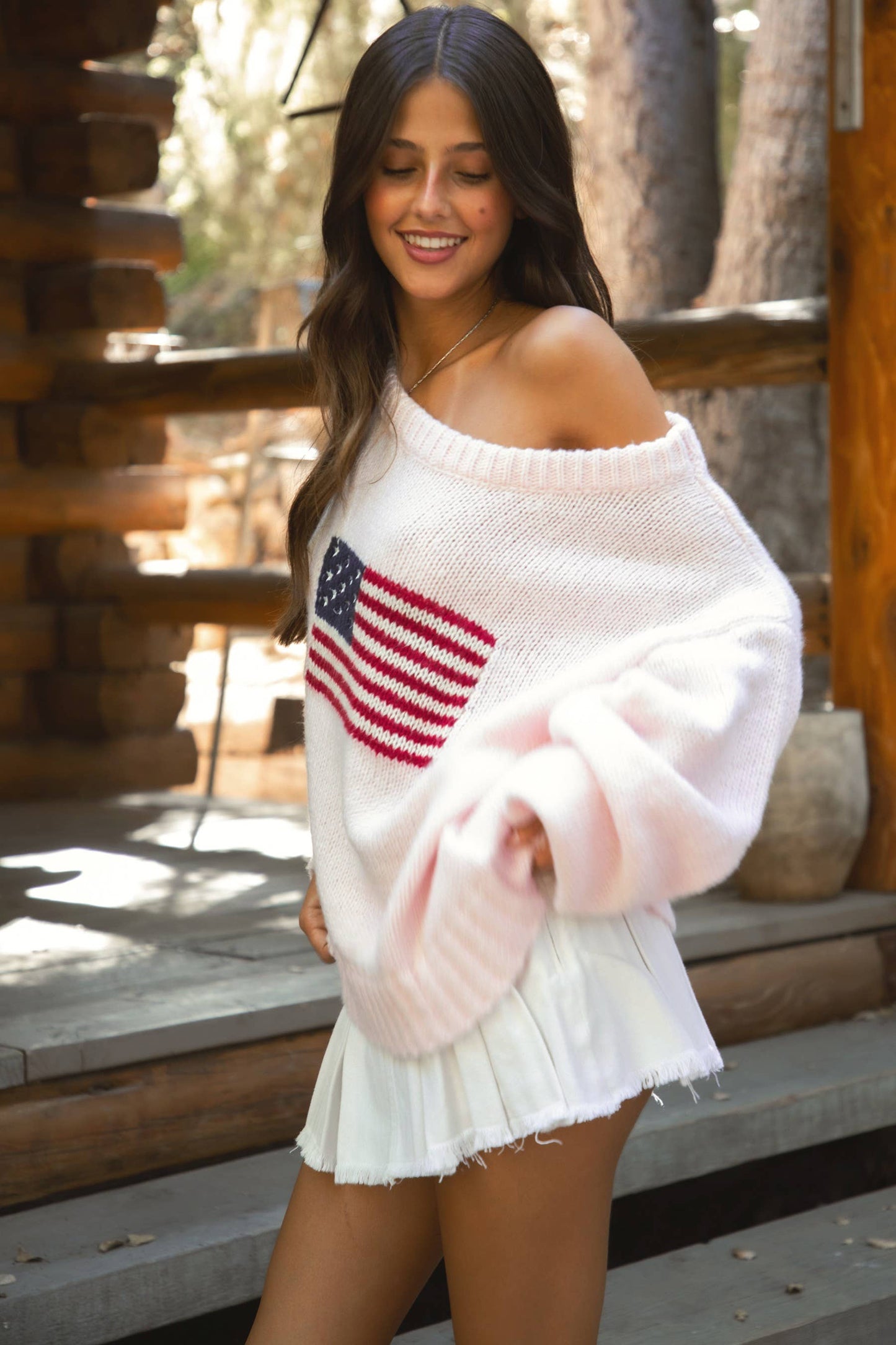 BRANDI American Flag Knit Off The Shoulder Lounge Sweater: Cream / 3 SMALL 2 MEDIUM 1 LARGE