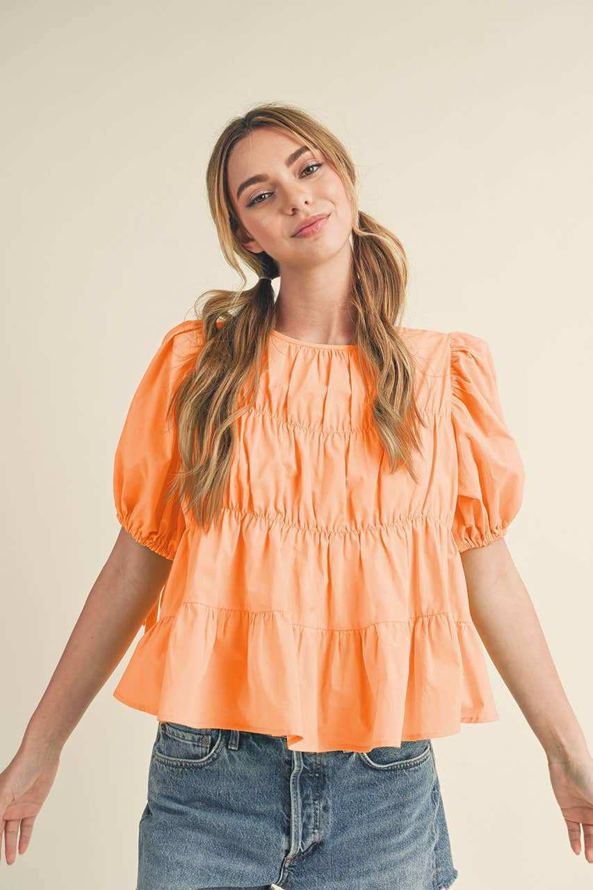 TIERED SHIRRING PUFF SLEEVE TOP MTP3081: PEACH FUZZ / S
