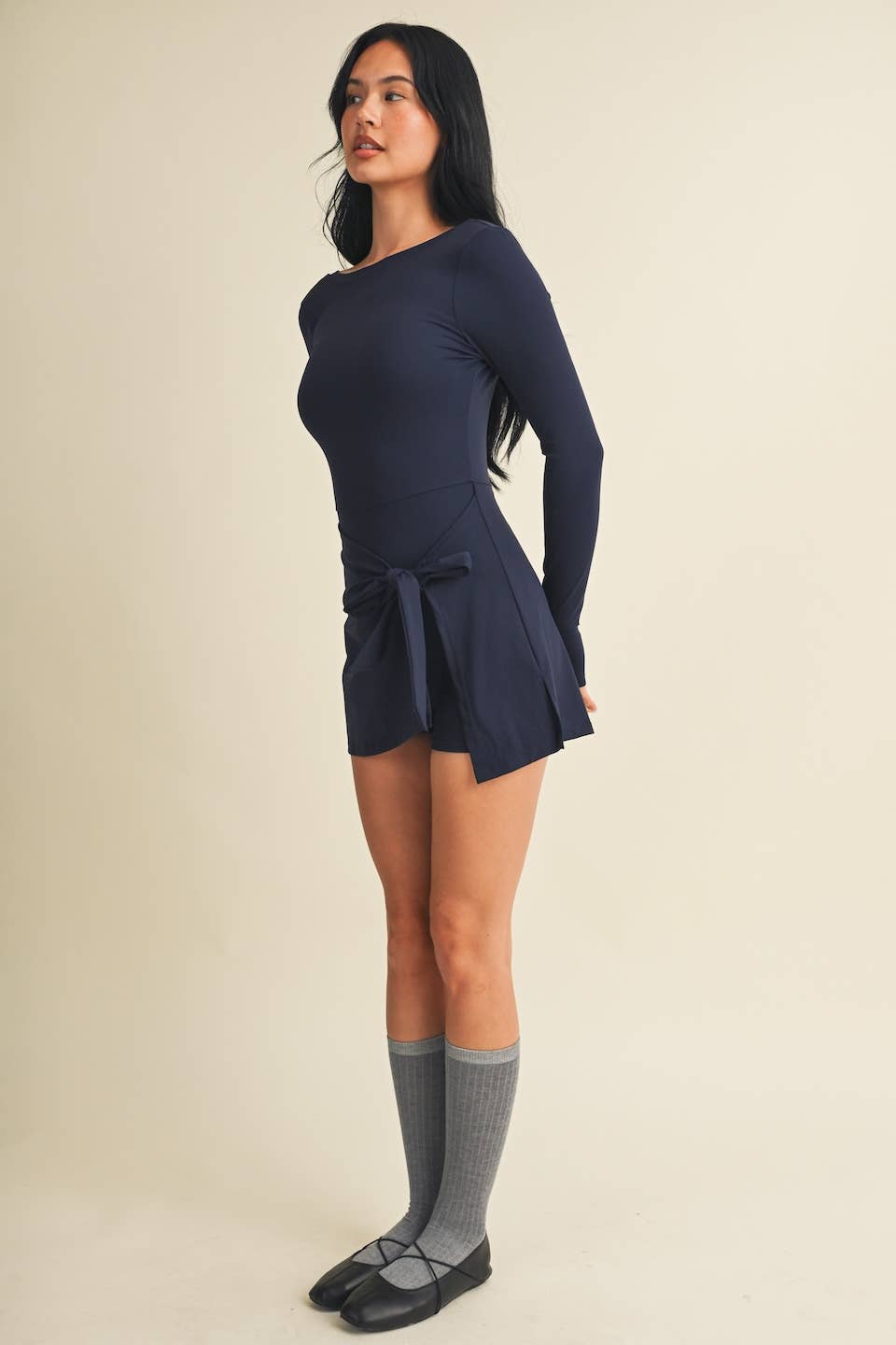 Long Sleeve Wrap Tie Front Dress: Dark Chocolate / S