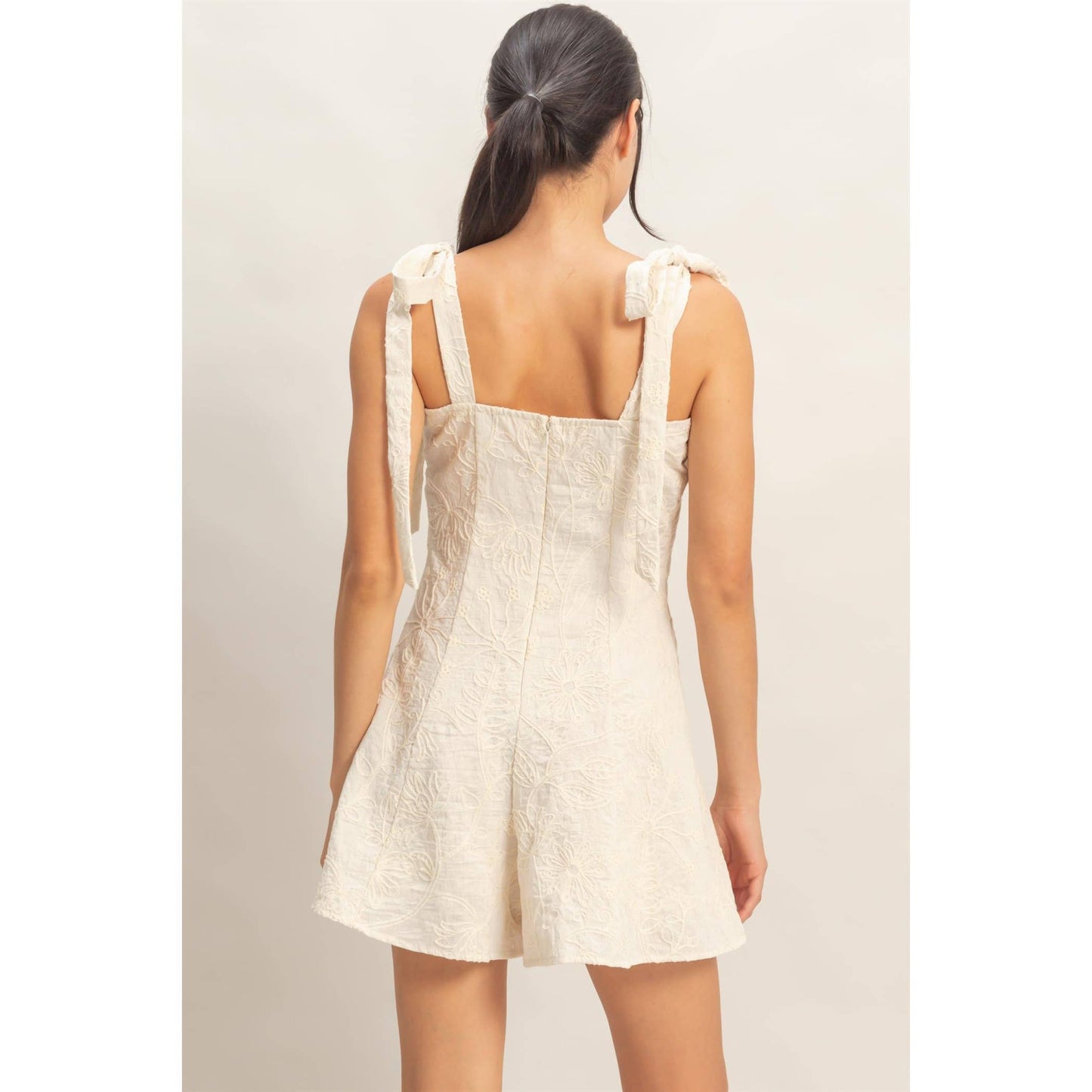 Floral Embroidery Tie-Strap Romper