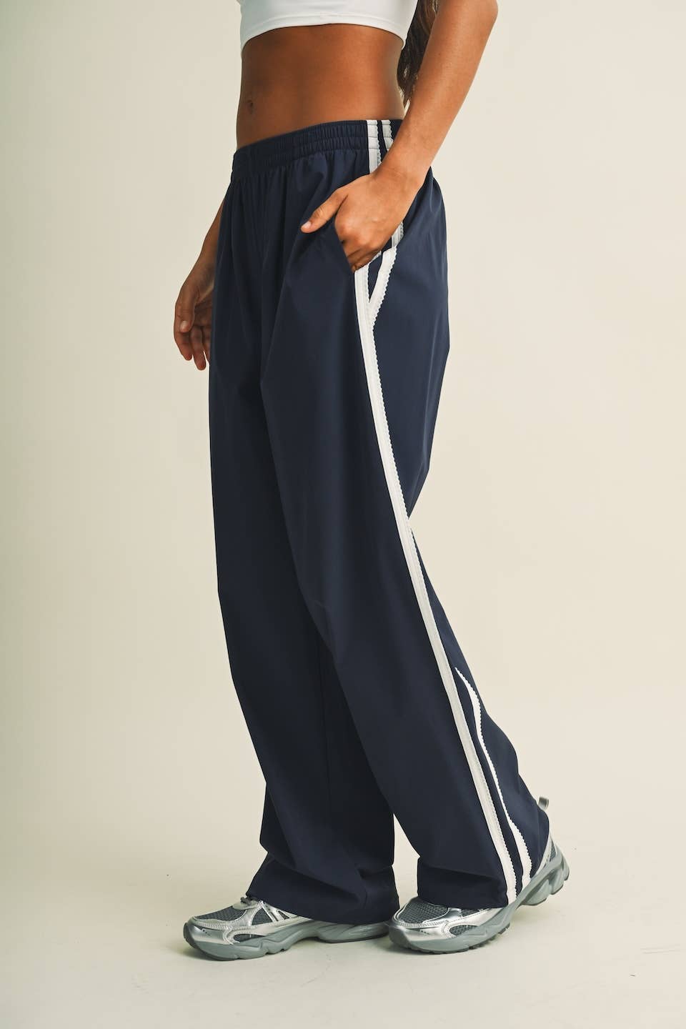Side Stripe Lace Trim Nylon Pants