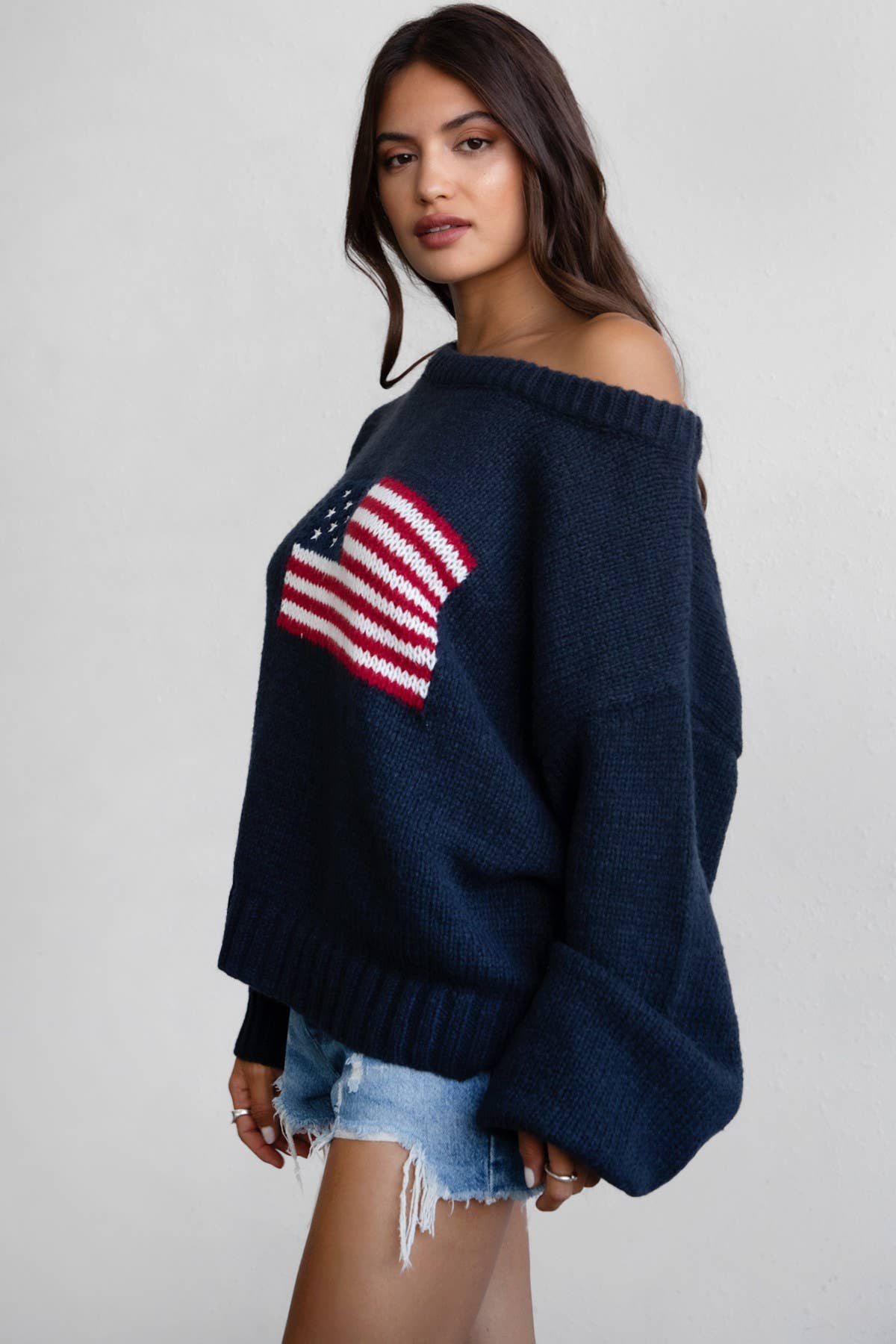 BRANDI American Flag Knit Off The Shoulder Lounge Sweater: Cream / 3 SMALL 2 MEDIUM 1 LARGE
