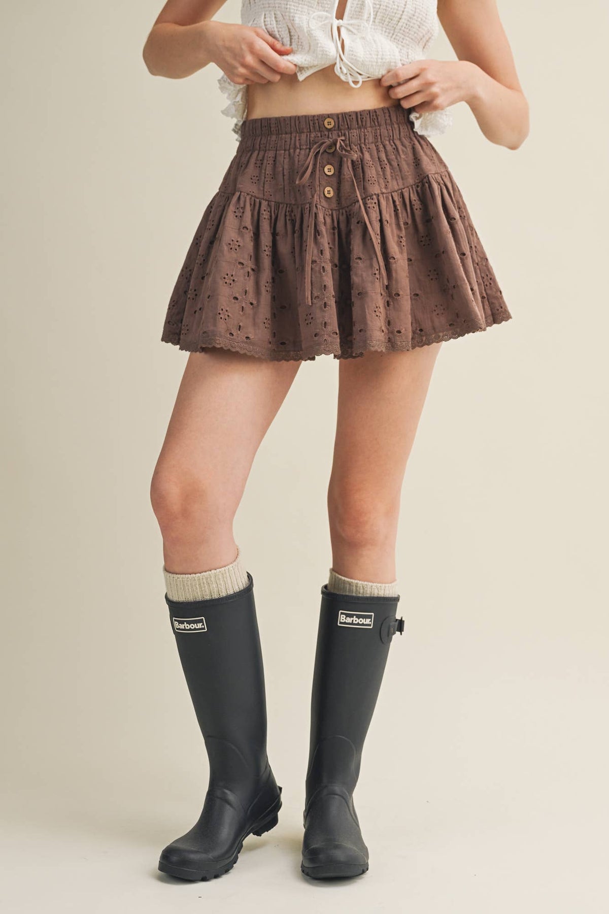Embroidered Eyelet Smocked Waist Skirt