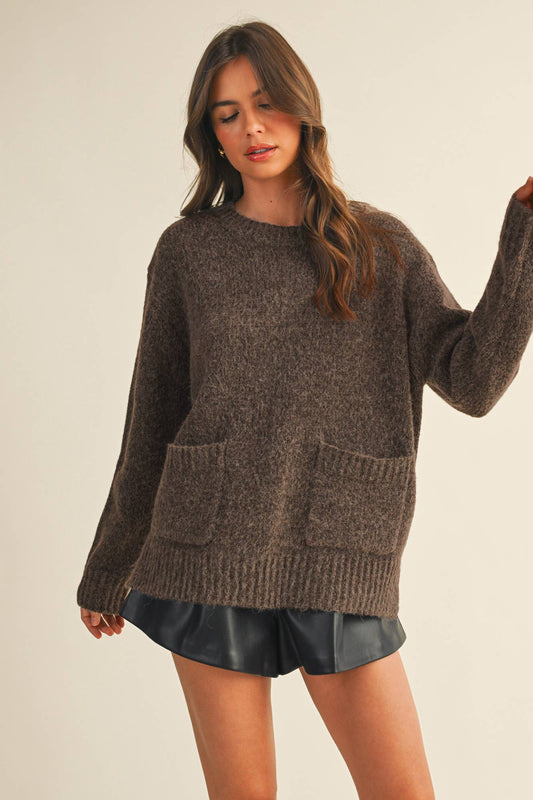 Dropped Shoulder Dual Pocket Knit Sweater