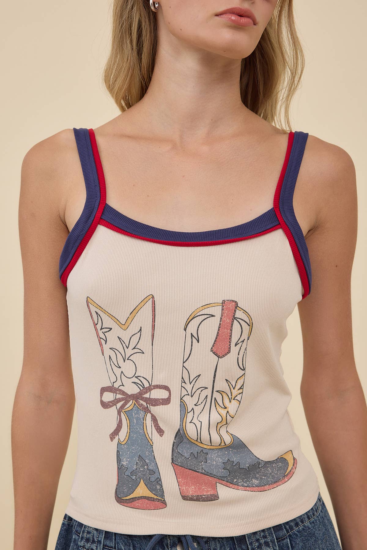 Vintage Cowboy Boots Graphic Rib Tank - RTK1120: CREAM / S-M-L (3-2-1)