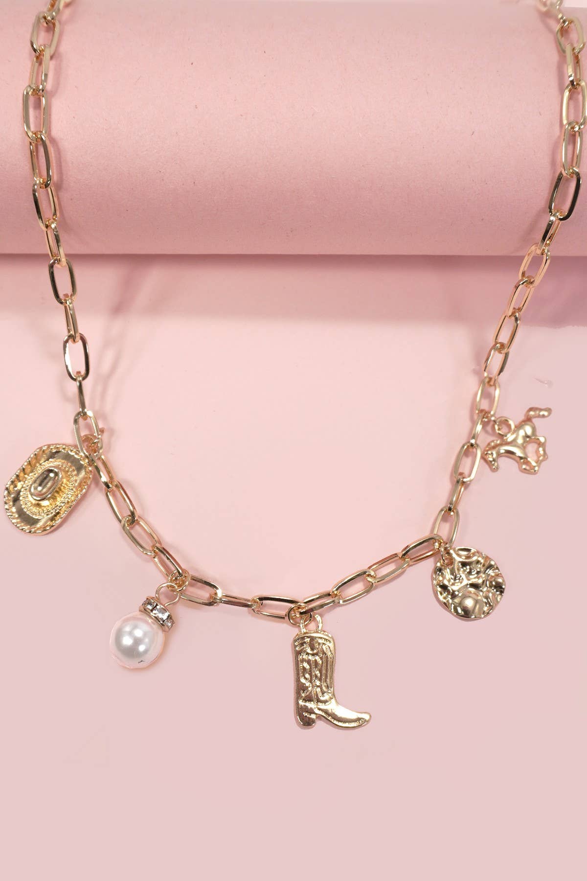 WESTERN BOOT STAR HAT HORSESHOE CHARM NECKLACE | 80N1187: Gold