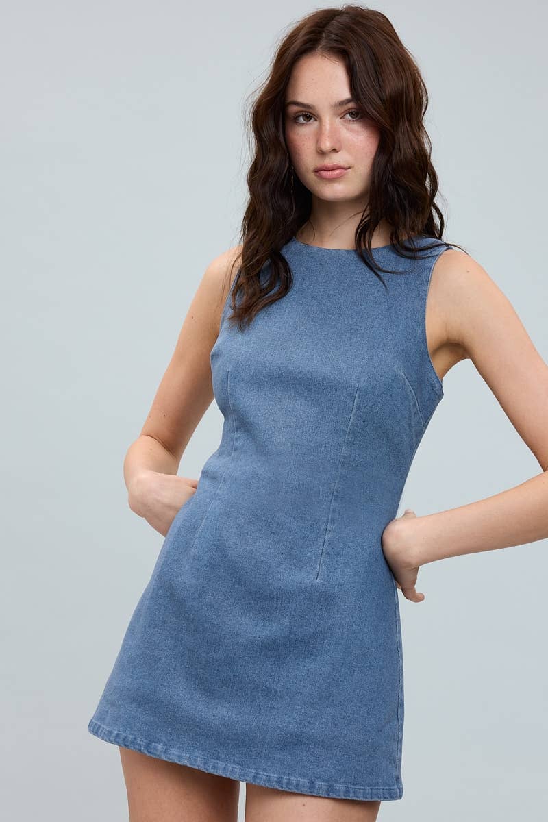CASUAL DENIM BOAT NECK INSIDE SHORTS MINI DRESS: DENIM / S