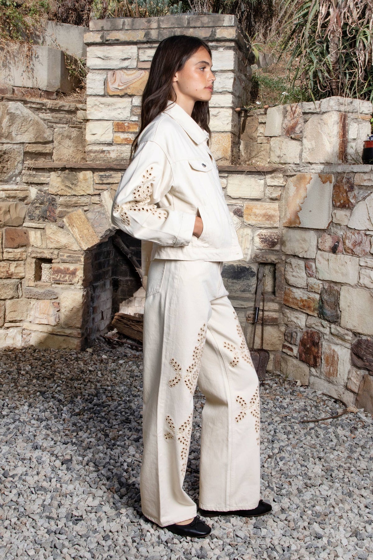 Flower Embroidered Wide Leg Denim