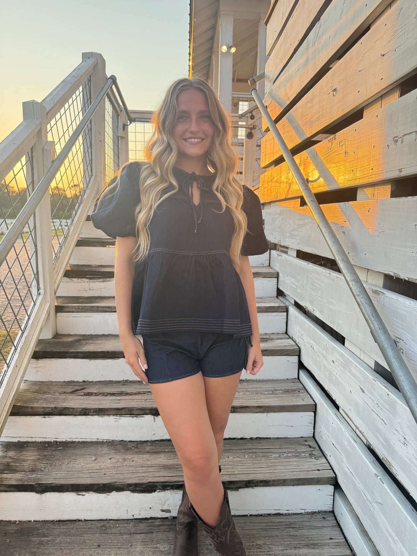 Contrast Stitching Detail Tiered Denim Top