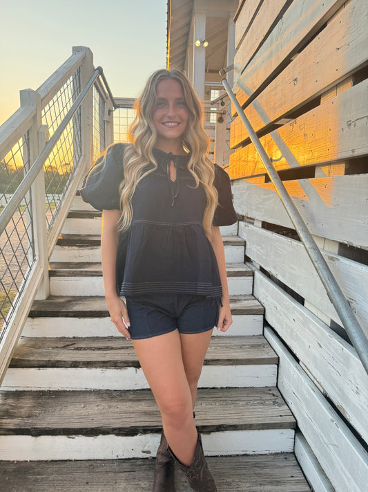 Contrast Stitching Detail Tiered Denim Top
