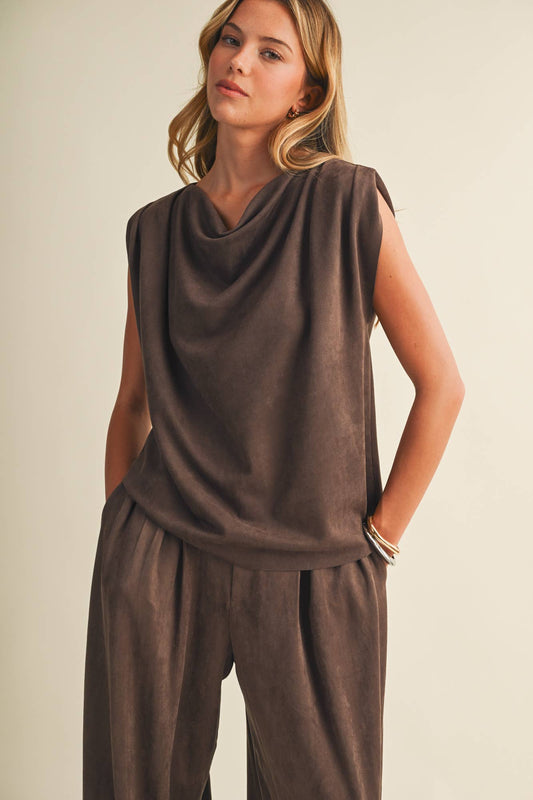 Sueded Knit Cowl Neck Cap-Sleeve Top