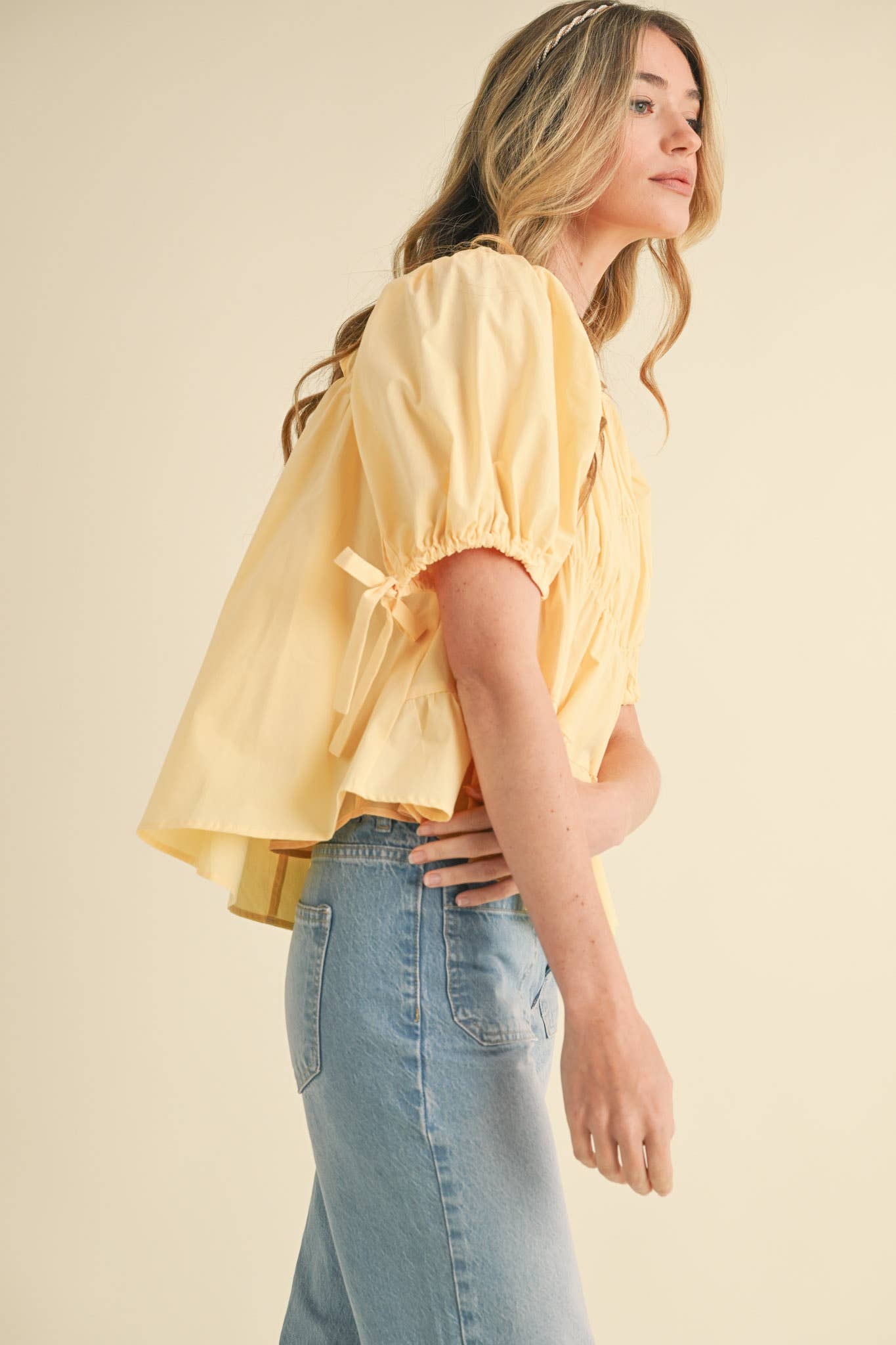 TIERED SHIRRING PUFF SLEEVE TOP MTP3081: PEACH FUZZ / S