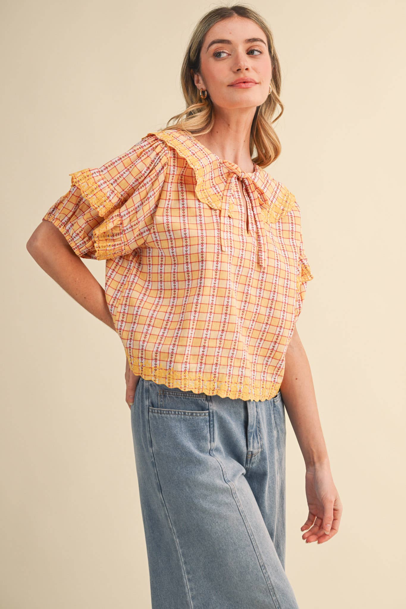 FLORAL GINGHAM EMBROIDERED DOLL COLLAR TOP MTP4602: YELLOW GINGHAM / S