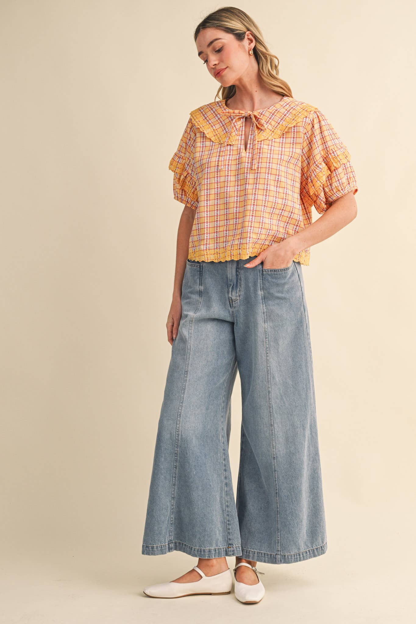 FLORAL GINGHAM EMBROIDERED DOLL COLLAR TOP MTP4602: YELLOW GINGHAM / S