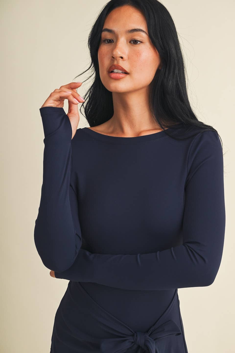 Long Sleeve Wrap Tie Front Dress: Blush / S