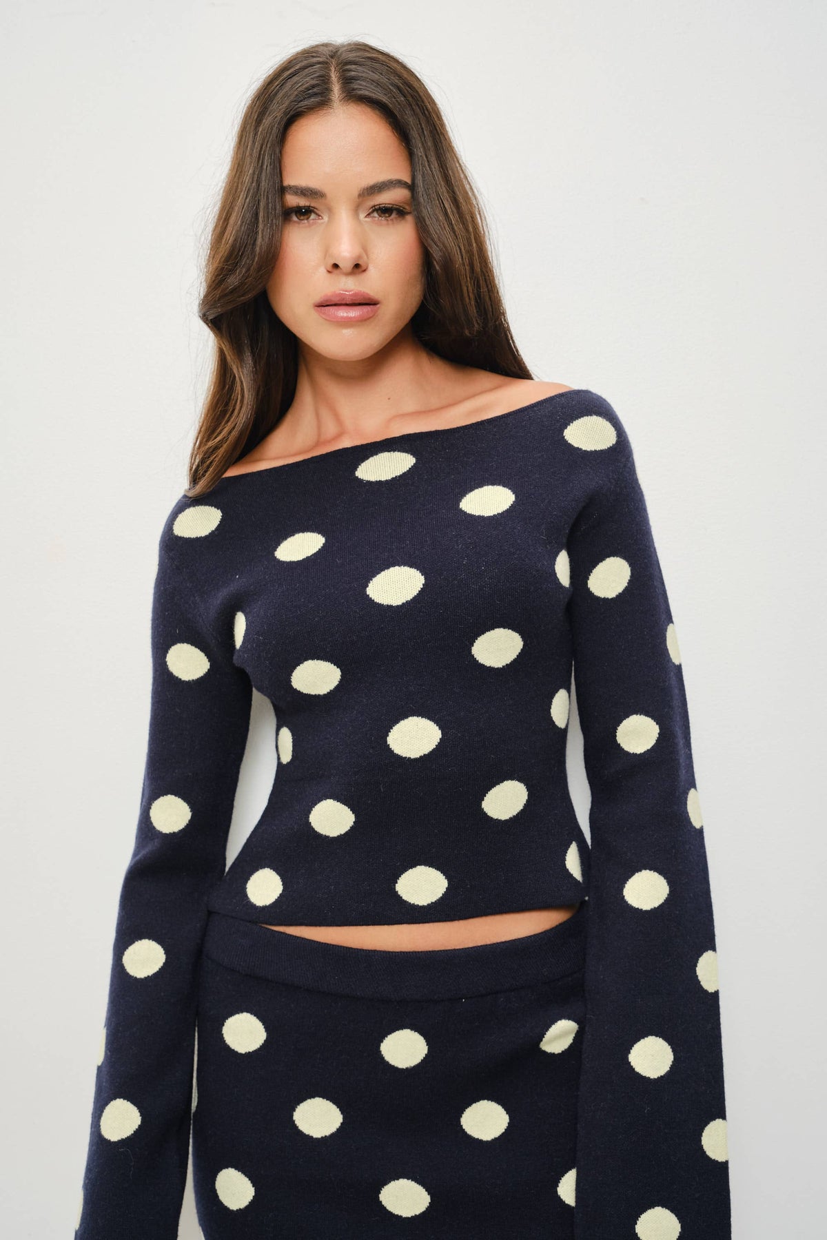 COSMO KNITTED POLKA DOT TOP: Navy-Yellow / S