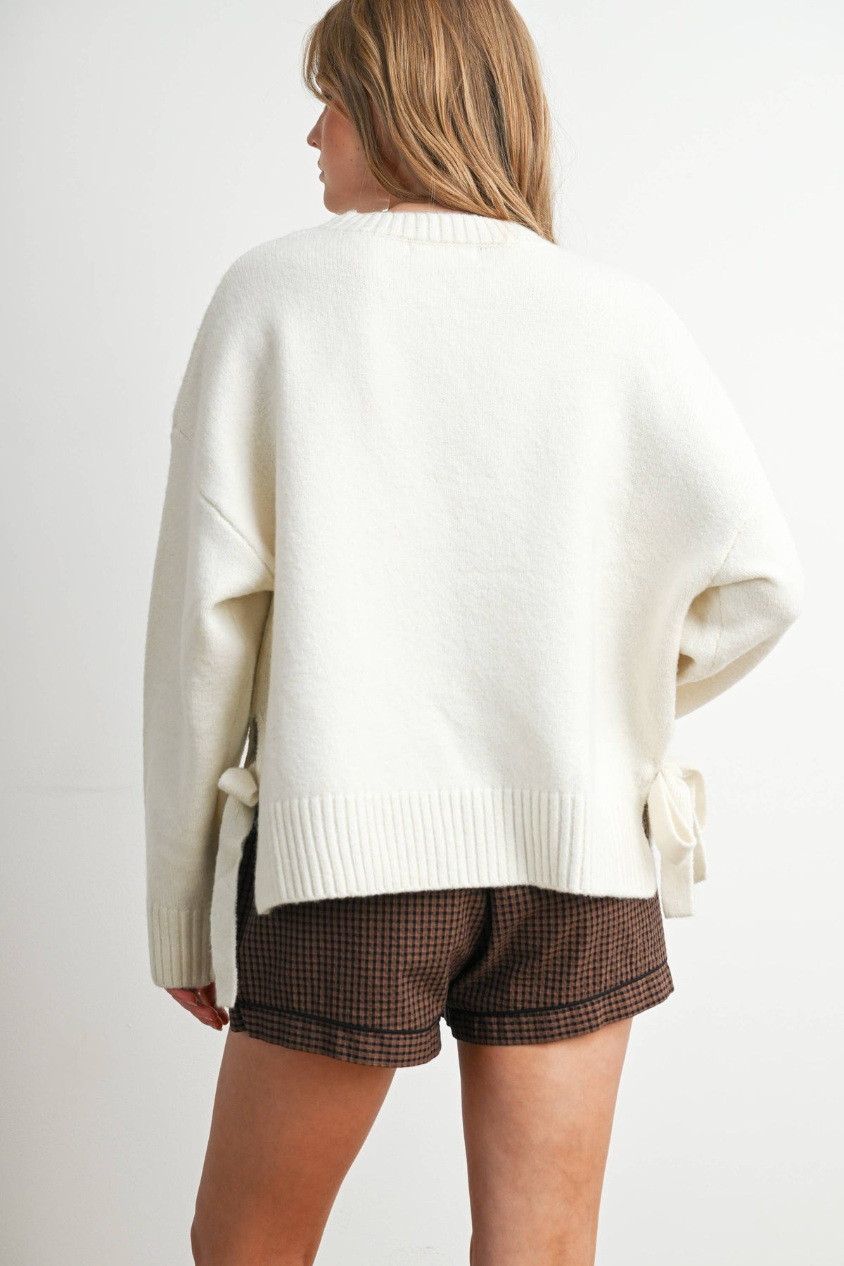 Tie Split-Hem Crewneck Long Sleeve Top